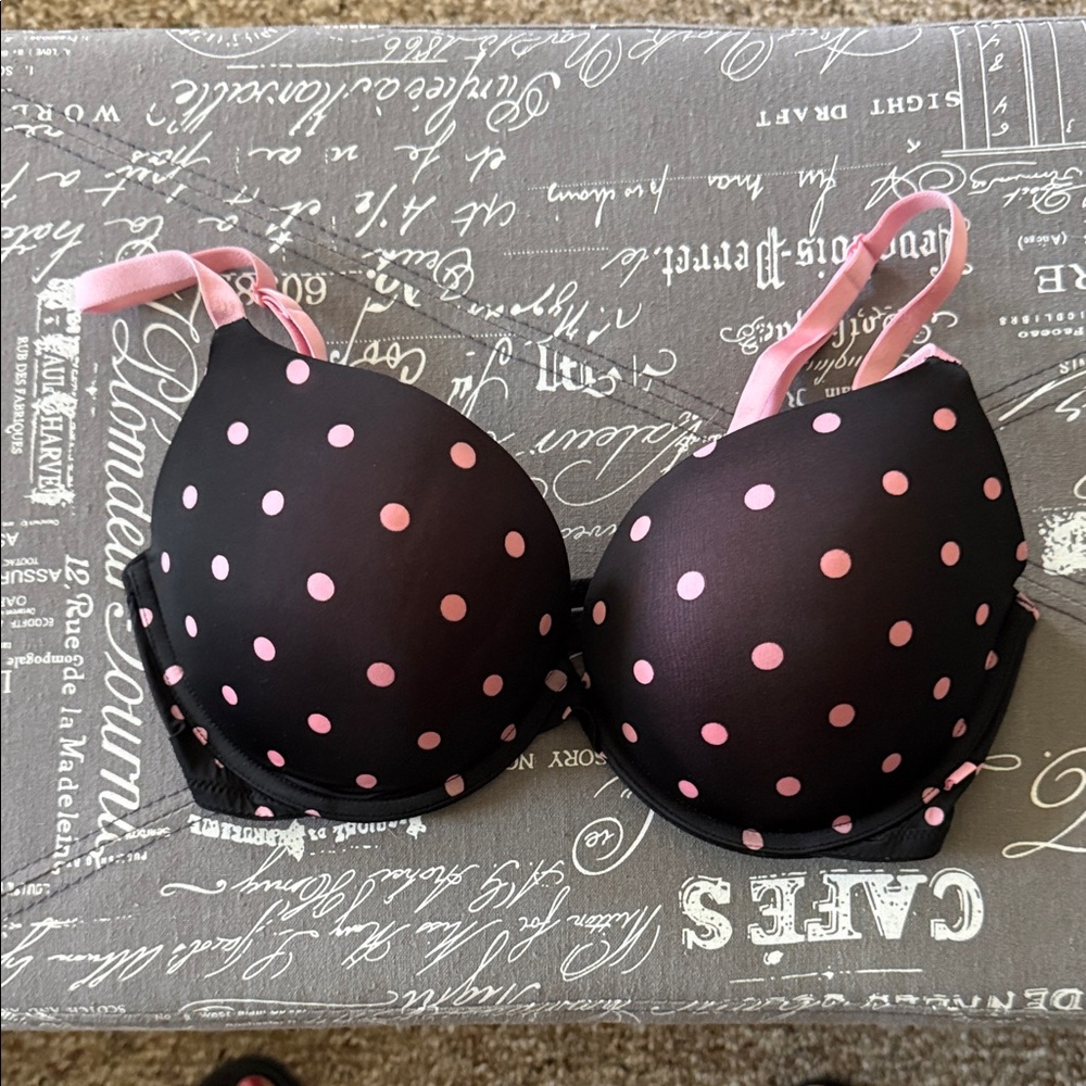 Victoria Secret push up Black Bra with Pink Polka Dots.  Size 38C